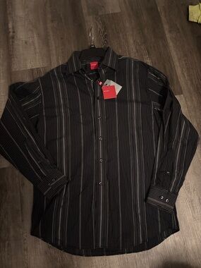 Report Collection Men's Black Striped Button-Up Shirt Classic Dress Shirt Medium